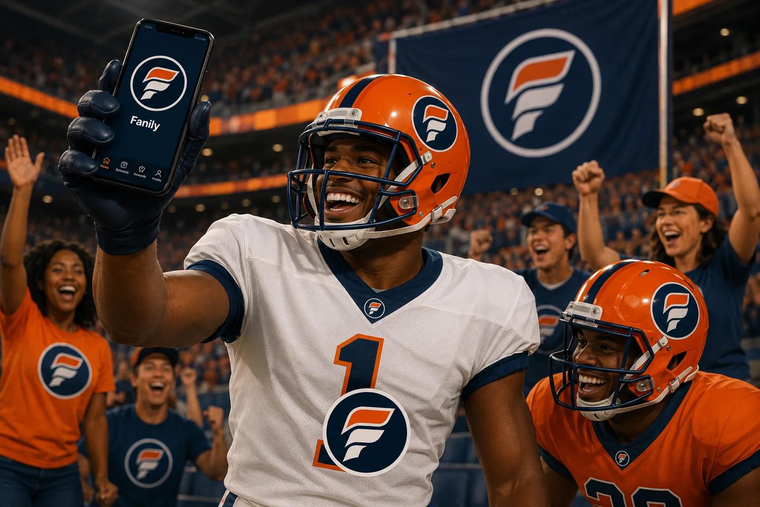 An athlete proudly holding up a phone showing their profile