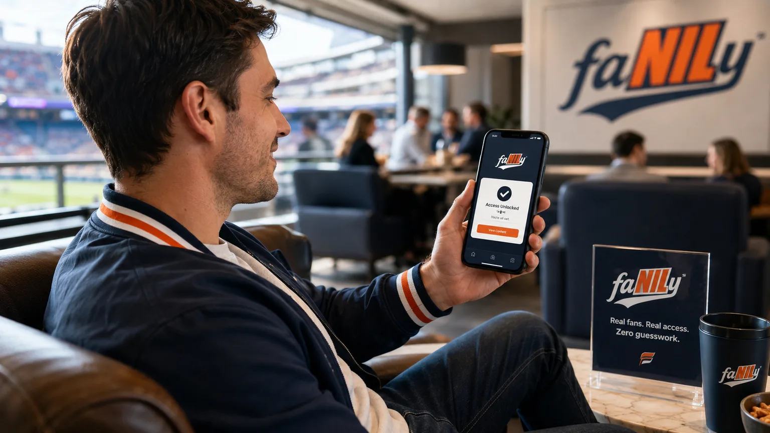 A fan seated in a stadium club lounge viewing unlocked content on his phone
