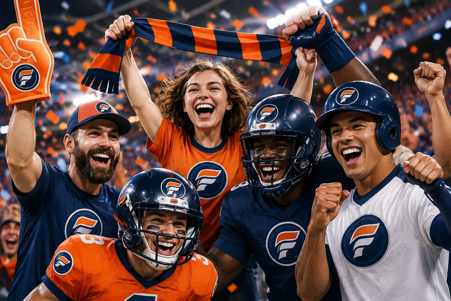 A group of excited fans in team gear cheering together