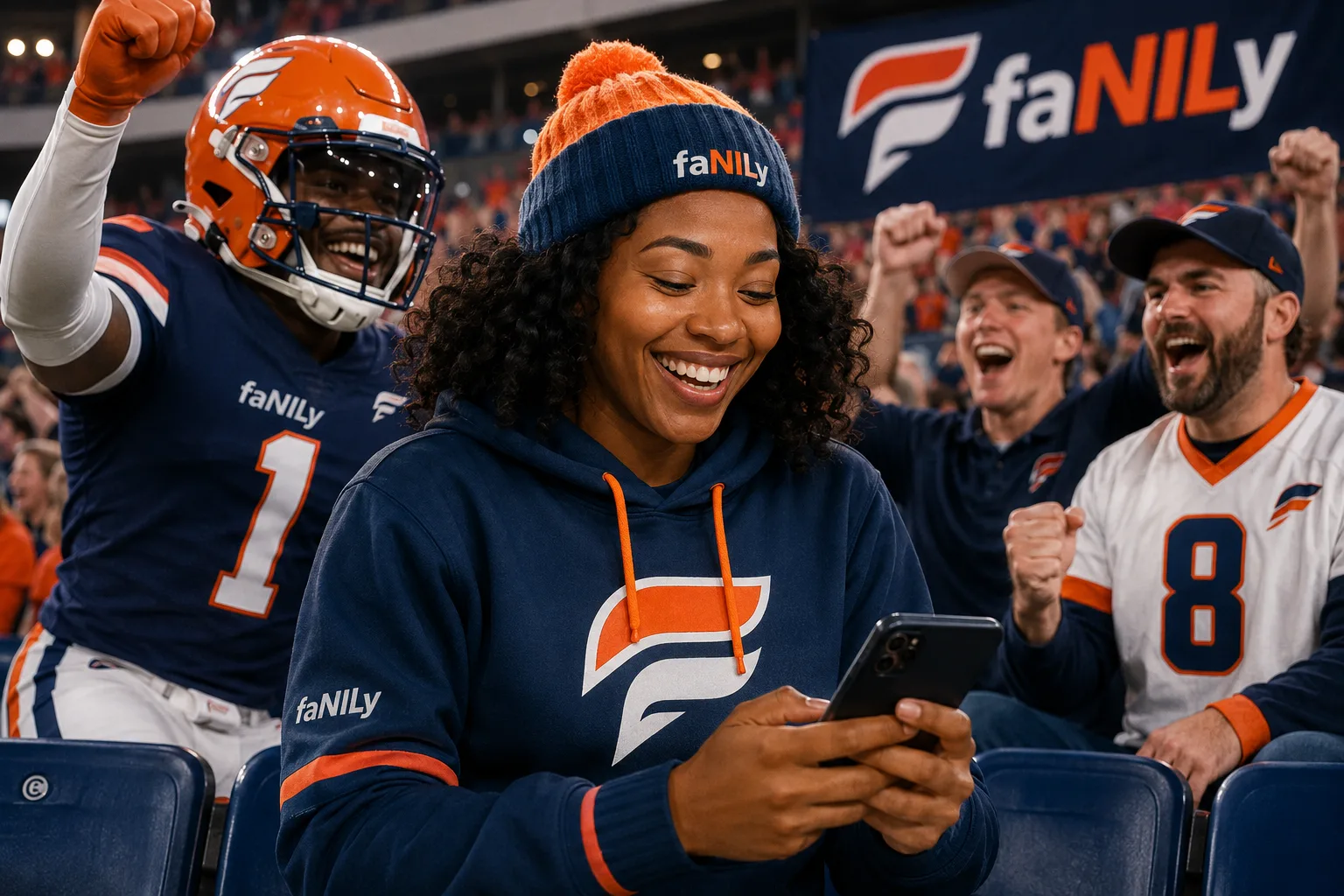 A fan happily reacting to their feed on a phone in the stands