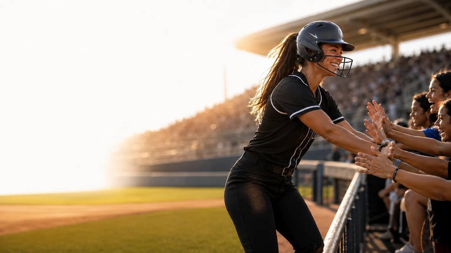 A woman athlete mid-celebration high-fiving cheering fans