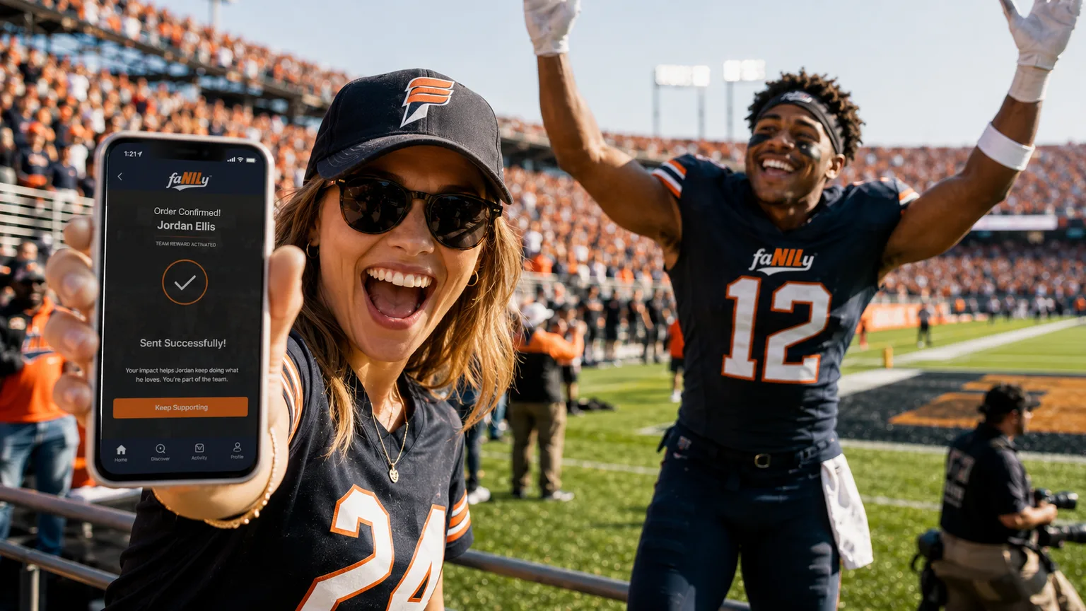 A fan in the stands holding up her phone showing a confirmed order while an athlete celebrates on the field behind her