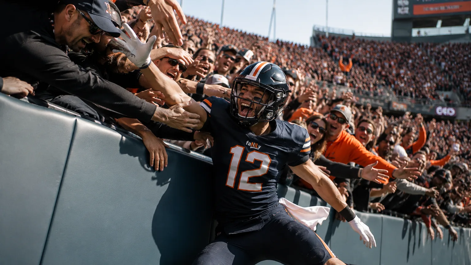 Fans in the stands celebrating as an athlete leans over to high-five them